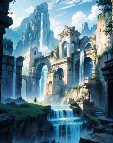 painting of an ancient ruin, architecture , beautiful scenery, waterfall, fantasy, sunlight,((glistening look)),ghibi style, hd, High quality, water reflection, bushes,4k hd, cloud,beautiful art uhd 4 k, a beautiful artwork illustration, beautiful digital ...