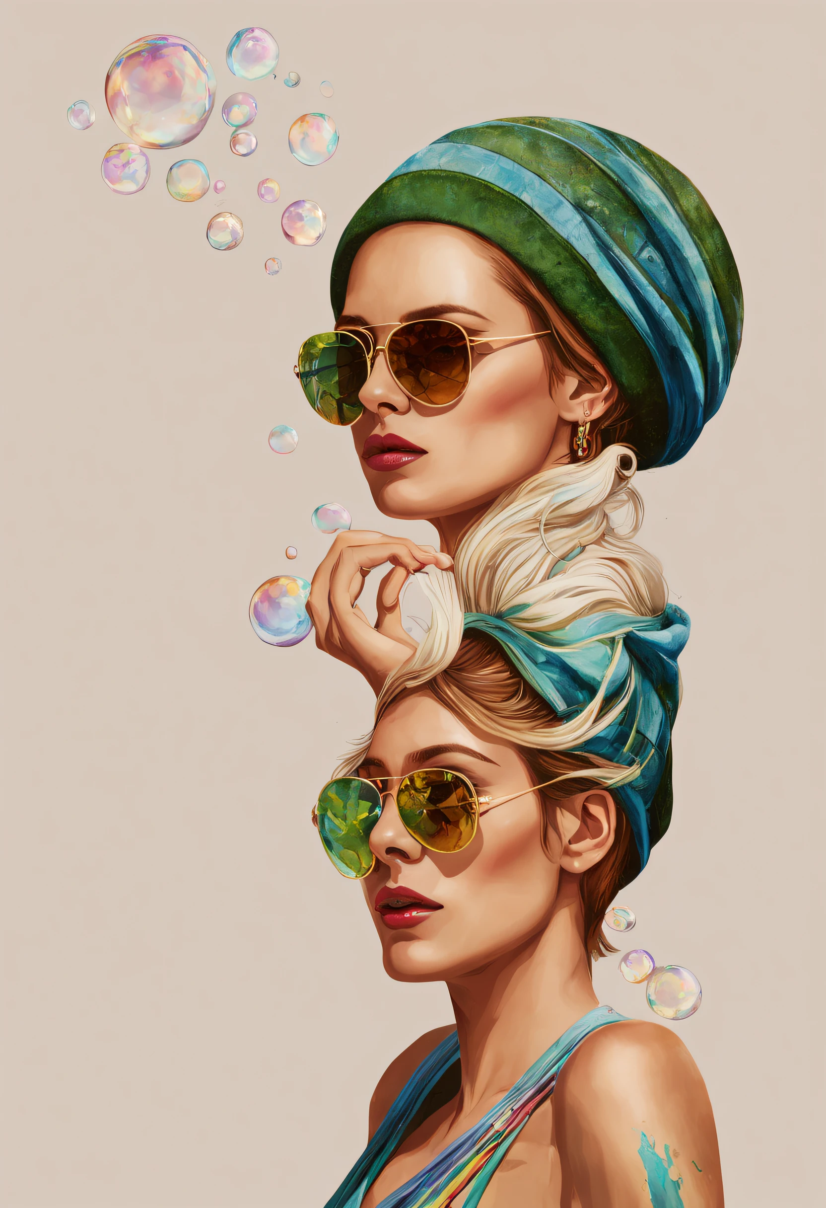 Women in hippie fashion、Solo、Making soap bubbles、Wearing sunglasses、Paint splashes、Splatter、Outrun、Vaporware、Flat illustration of shades、Digital Art、ArtStation Trends、A highly detailed、finely detail、with an intricate、Near and far law、the golden ratio、masutepiece、top-quality、(Willem Henrats Style:1.2)