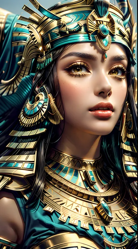 A closeup of a woman wearing a golden headdress and a red hat, beautiful cleopatra, cleopatra portrait, cleopatrah, Um retrato i...