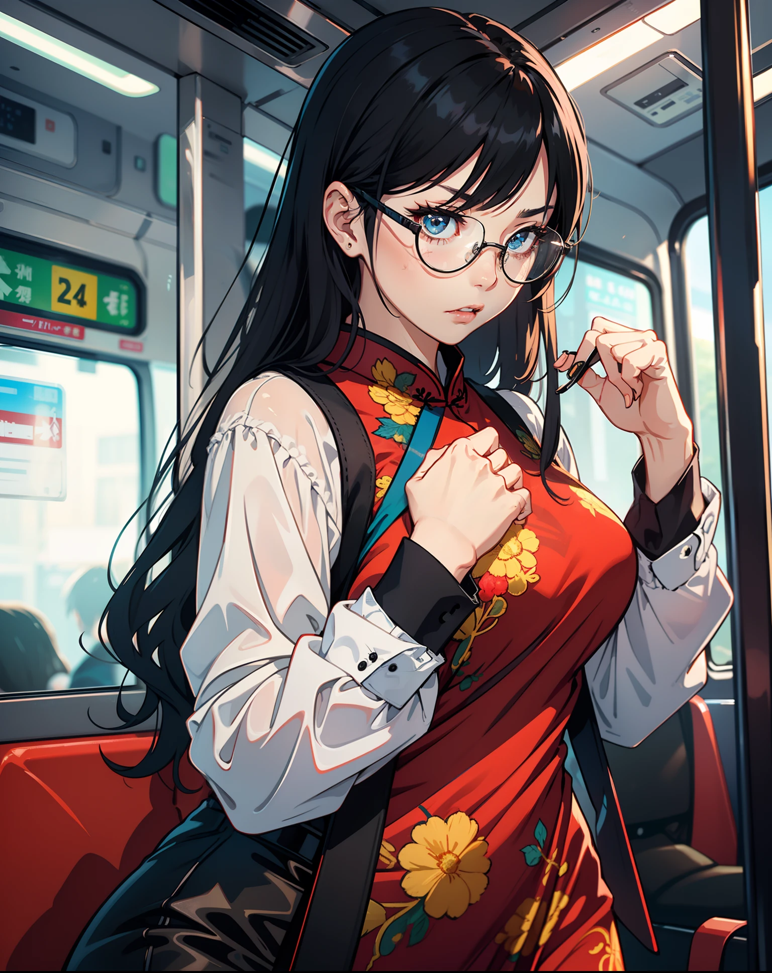 Anime girl in a red dress on a bus with a backpack - SeaArt AI