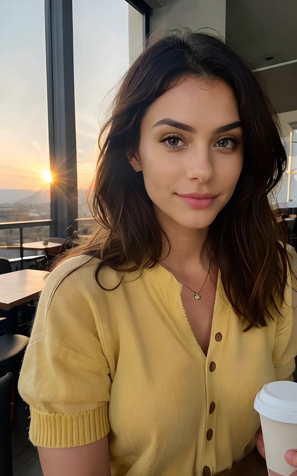 Jolie belle brune avec pull jaune (Boire du café dans un café moderne au coucher du soleil), très détaillé, , visage innocent, cheveux naturellement ondulés, yeux bleus, haute résolution, chef-d&#39;œuvre, Meilleur Qulaity, détails complexes, très détaillé, mise au point nette, peau détaillée, texture de peau réaliste, texture, yeux détaillés, professionnel, 4k, Sourire charmant, prise avec Canon, 85 millimètres, Profondeur de champ légère, Kodak Vision Couleur, corps parfaitement ajusté, extrêmement détaillé, photographier_\(ultra\), photographierréaliste, Réaliste, Post-traitement, détails maximum, rugosité, vrai vie, Ultraréaliste, photoréalisme, photographie, 8k euh, photographie