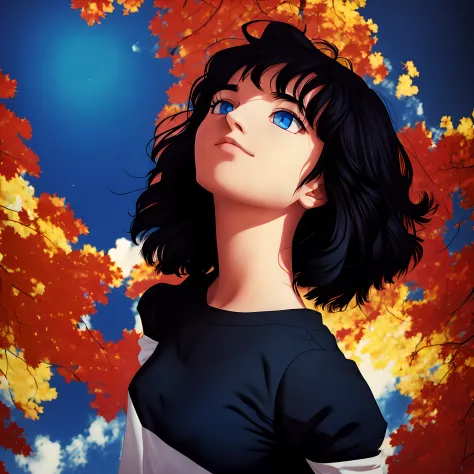 best quality, masterpiece, black hair, blue eyes, looking up, upper body,date artstyle