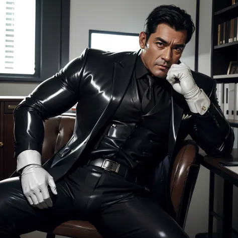 50 years old,daddy,shiny suit ,Dad sat on a chair,k hd,in the office,big muscle, gay ,black hair,asia face,masculine,strong man,...