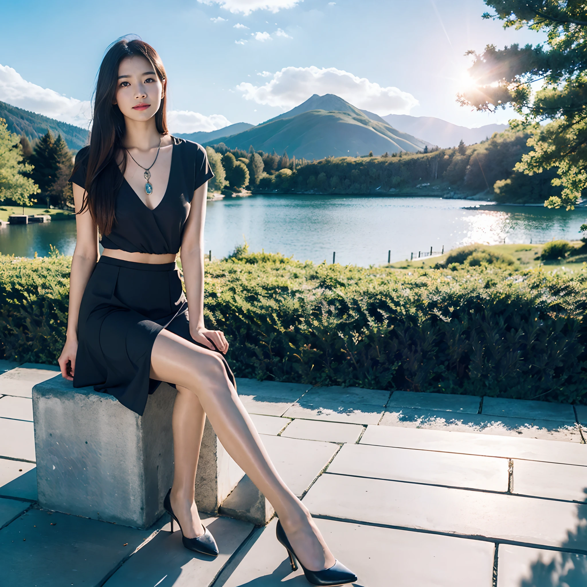 1 girl, Happy expression, Charming eyes, straight long hair, Flowing skirt, , Look at the sun, Calm posture, Porcelain-like skin, Subtle blush, crystal pendant BREAK golden hour, (Edge lighting): 1.2, Cool colors, Sun flare, Soft shadows, Bright colors, painterly effect, Fantastic atmosphere to rest on a scenic lake, Distant mountains, pines, Mountain tops, Pondering, Sunlit clouds, Tranquil atmosphere, Idyllic sunrise, Ultra detailed, offcial art, Unified 8K wallpapers, zentangle, Mandala flesh-colored pantyhose heels