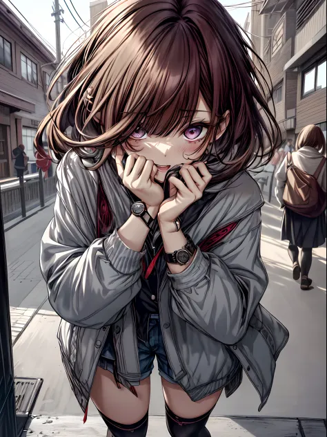 school buildings、Watches、🕰️、clocktower、Full body、long、adult lady、Brown hair、Ordinary clothes、Casual clothing、Ahegao ( Silly / Se...