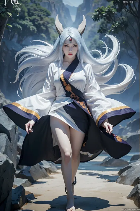 a girl with horns and a white robe showing breasts walking in the water, cleavage, kaguya otsusuki, white haired god, white skin...