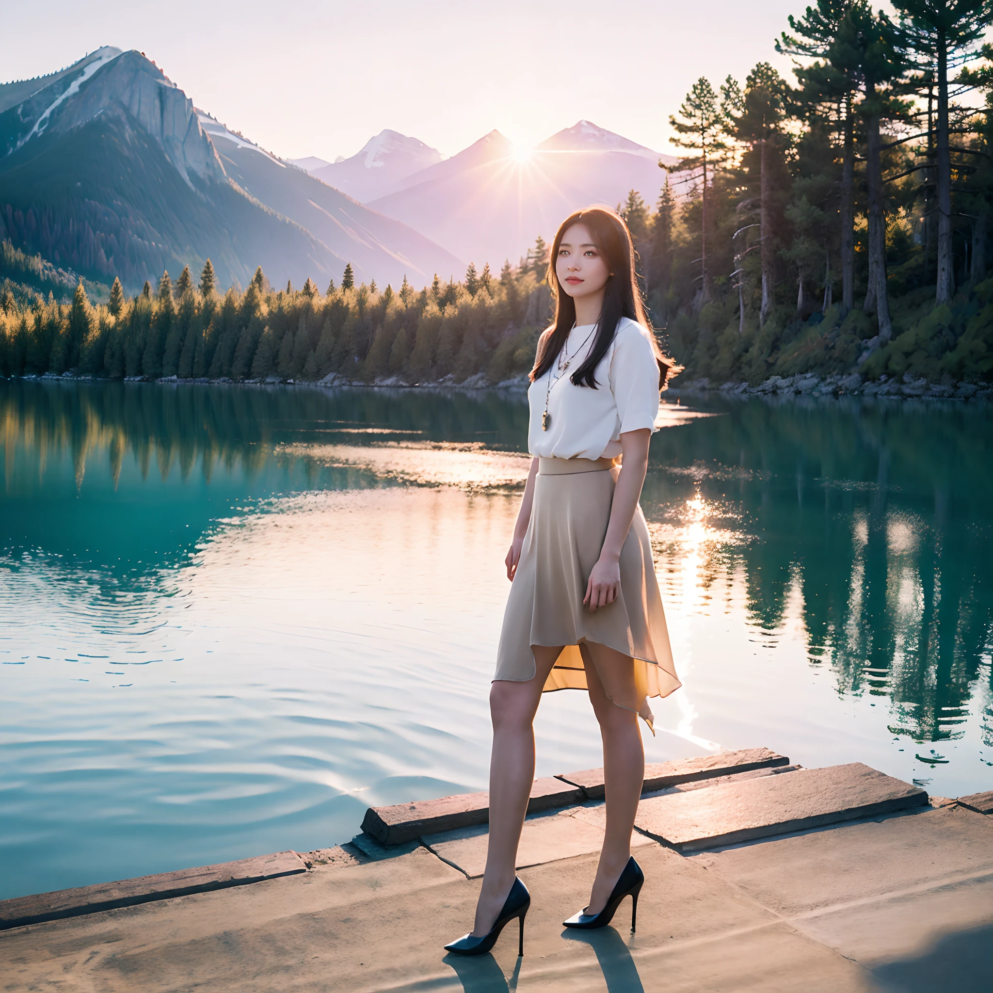 1 girl, Happy expression, Charming eyes, straight long hair, Flowing skirt, , Look at the sun, Calm posture, Porcelain-like skin, Subtle blush, crystal pendant BREAK golden hour, (Edge lighting): 1.2, Cool colors, Sun flare, Soft shadows, Bright colors, painterly effect, Wonderful atmosphere of resting on a scenic lake, Distant mountains, pines, Mountain tops, Pondering, Sunlit clouds, Tranquil atmosphere, Idyllic sunrise, Ultra detailed, offcial art, Unified 8K wallpapers, zentangle, Mandala flesh-colored pantyhose heels