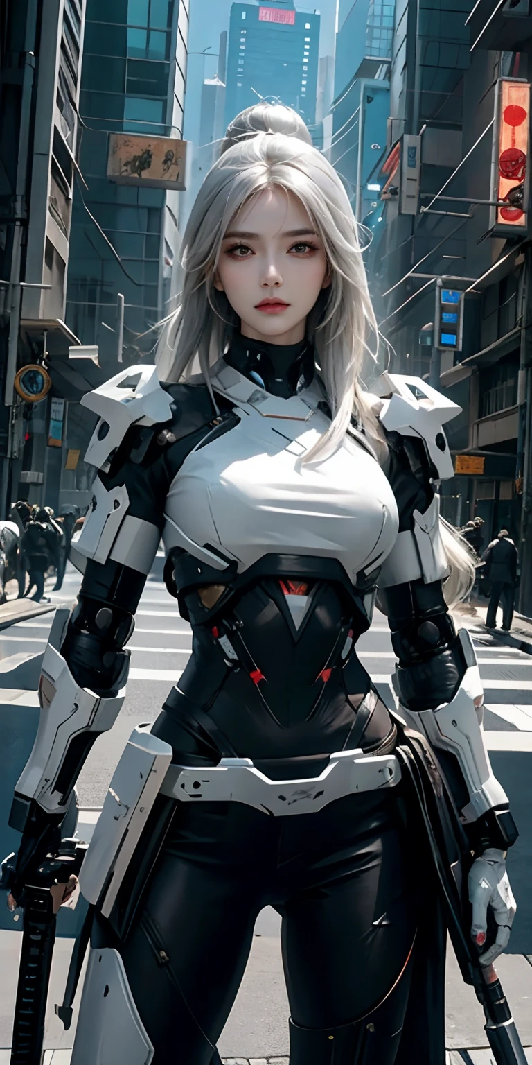 photorealistic, high resolution, soft light,1women, solo, hips up, (detailed face),white long hair, cybersamurai, cyborg, cyberpunk,  cyber armor, holding weapon,glowing,gun, sniper, on the street