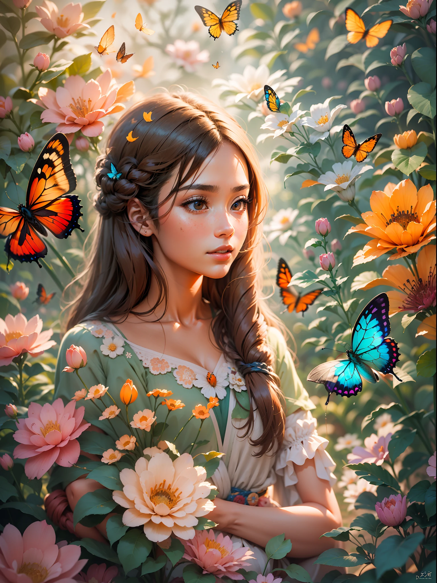 girl with a butterfly head, surrounded by a colorful garden, soft and soothing colors, vibrant flowers, butterflies flying around, gentle sunlight, dreamlike atmosphere, detailed and realistic features, smooth brushstrokes, oil painting medium, high-quality and high-resolution, magical and surreal style, captivating and imaginative scene, happy and peaceful mood, intricate patterns on the butterfly wings, delicate petals and leaves, harmonious composition, ethereal and enchanting ambiance, the girl's serene expression, capturing the viewer's attention, a masterpiece that evokes emotions and sparks creativity. (best quality, 4k, highres, masterpiece:1.2), ultra-detailed, realistic:1.37, oil painting, vibrant colors, soft lighting, enchanting garden, magical butterfly