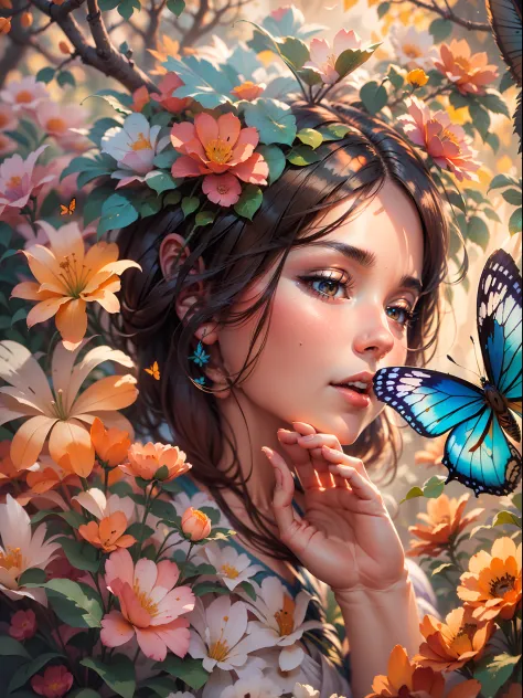 girl with a butterfly head, surrounded by a colorful garden, soft and soothing colors, vibrant flowers, butterflies flying aroun...