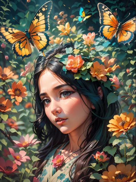 girl with a butterfly head, surrounded by a colorful garden, soft and soothing colors, vibrant flowers, butterflies flying aroun...