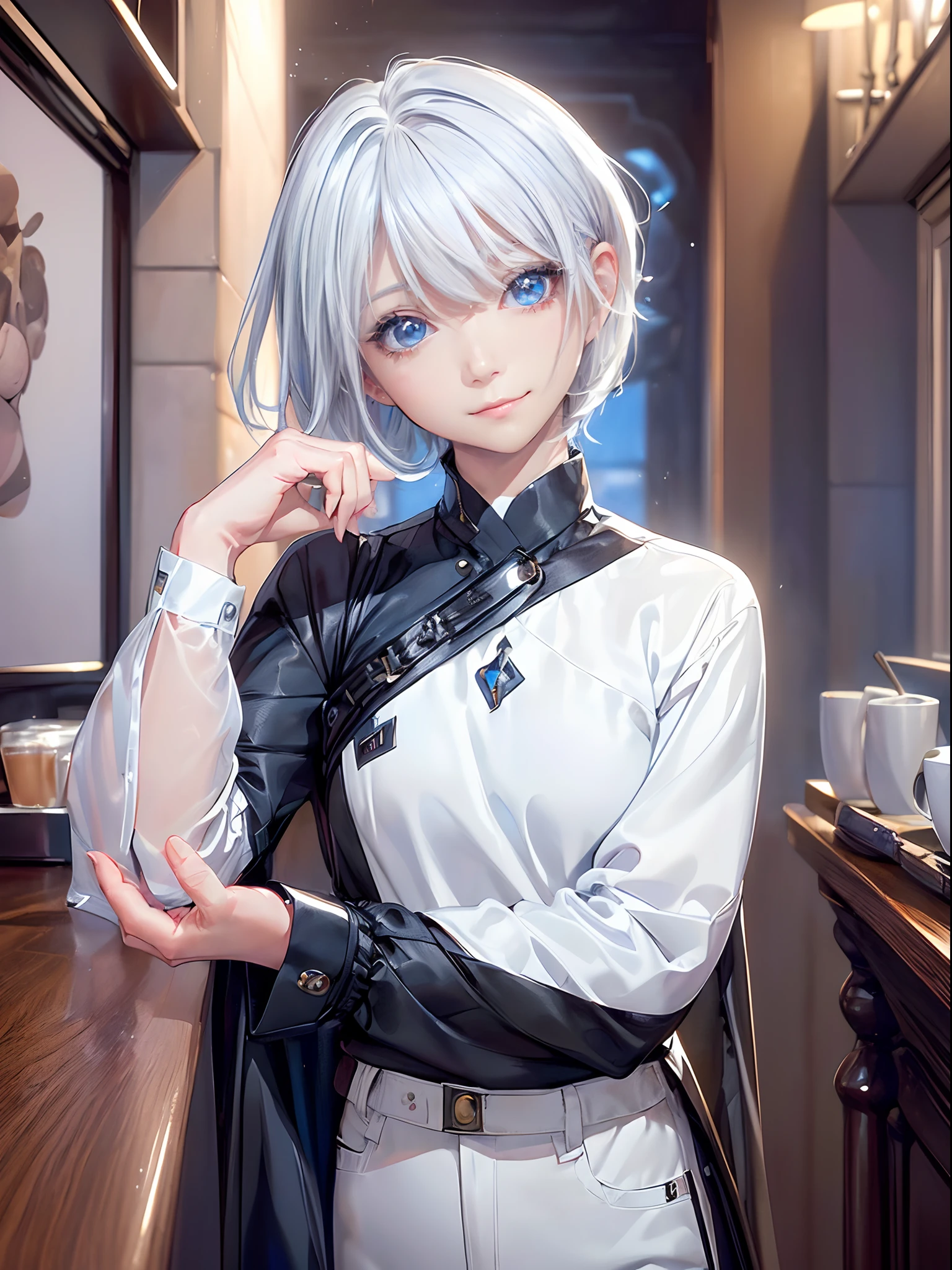 ((4K works))、​masterpiece、(top-quality)、1 beutiful girl、Slim body、tall、((Black Y-shirt and white pants、Charming street style))、(Detailed beautiful eyes)、Daytime coffee shop、((Bright coffee shop))、For a date at a fashionable coffee shop、((Face similar to Carly Rae Jepsen))、((Short-haired white hair))、((Smaller face))、((Neutral face))、((Bright blue eyes))、((American adult women))、((Adult female 26 years old))、((cool lady))、((Like a celebrity))、((Smiling expression))、((Korean Makeup))、((elongated and sharp eyes))、((Happy dating))、((boyish))、((Upper body photography))、Professional Photos、((Shot alone))