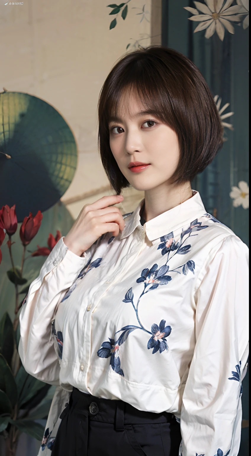 32
(Shorthair:1.23), (a 20 yo woman), (A hyper-realistic), (Masterpiece), (8KUHD), Long sleeve shirt with floral pattern, breeches, (breast:1.23), serene expressions