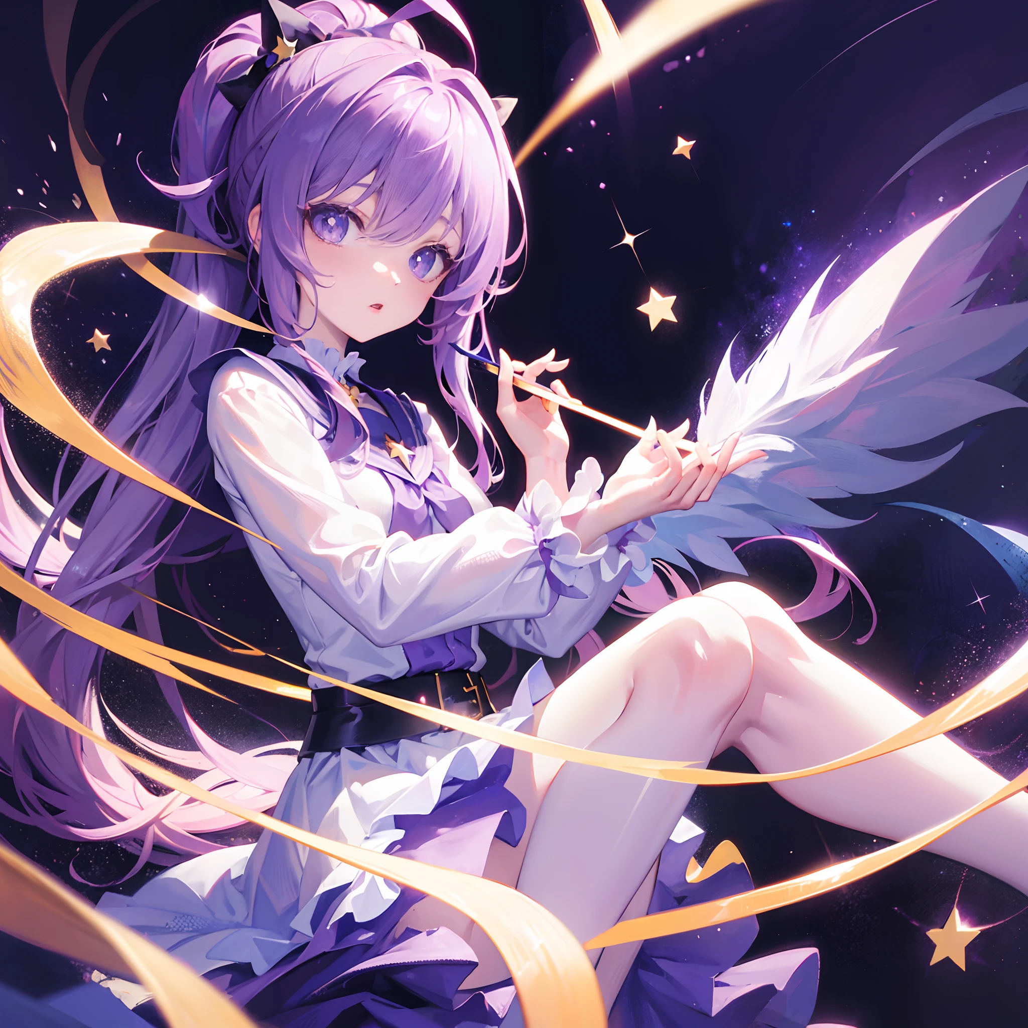 (masterpiece)top quality,ultra high quality,64k,high detail,anime girl,purple eyes(star pupils),star themed magical girl,purple and white clothes,space background