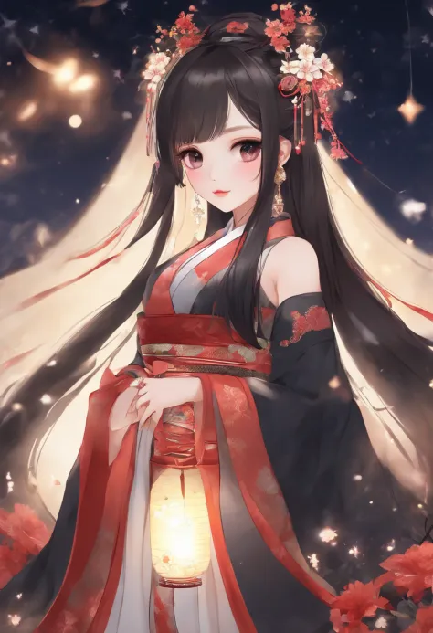 Exquisite illustrations:1.2), (Kawaii Maiden:1.0), (1girll, Solo:1.0), (Black coiled hairs:1.0), (Powder kimono:1.0), (The upper part of the body:1.0), (ultra - detailed, A high resolution, 4K:1.0，fire works，nigh sky，As estrelas