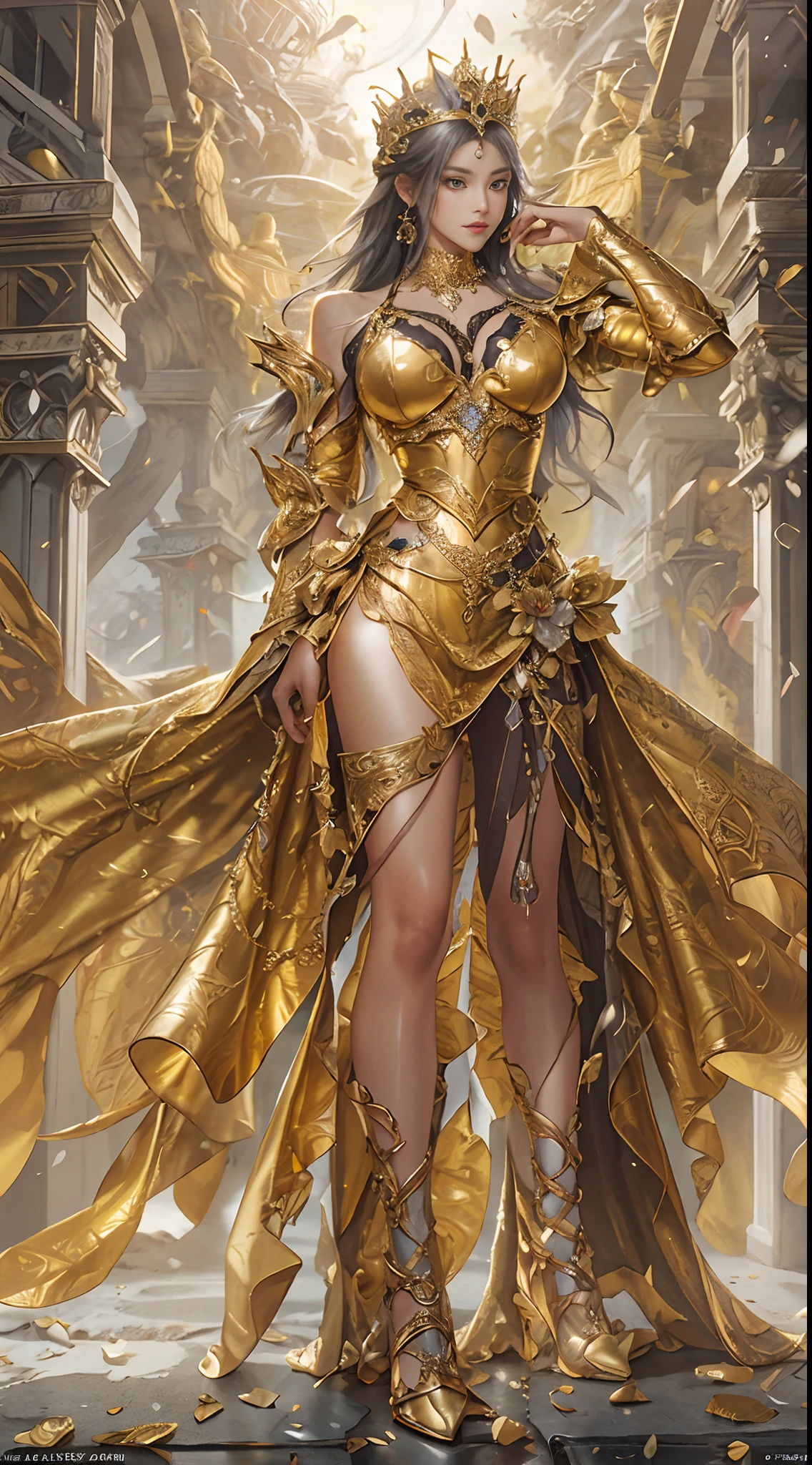 Woman in a golden dress, True Art Station, Rainstorm site, detailed fantasy art, Stunning character art, Beautiful and exquisite character art, Beautiful golden armor, Extremely detailed, Girl in shiny armor, Exquisite tiaras and jewelry, Full body capture, huge tit