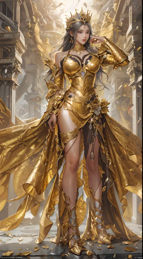 Woman in a golden dress, True Art Station, Rainstorm site, detailed fantasy art, Stunning character art, Beautiful and exquisite...