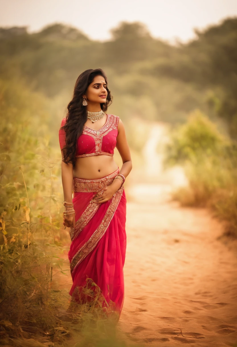 A woman in a pink sari standing in a field - SeaArt AI