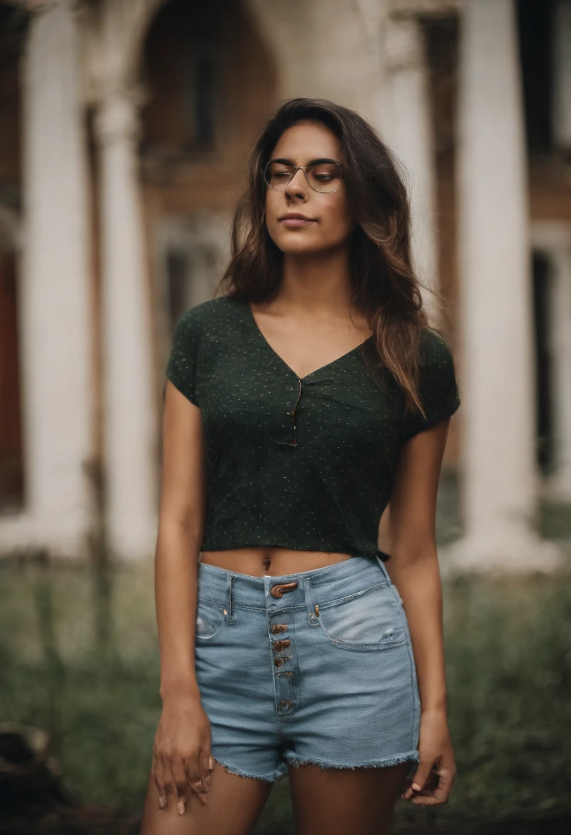 A woman standing in front of a building wearing a green top - SeaArt AI