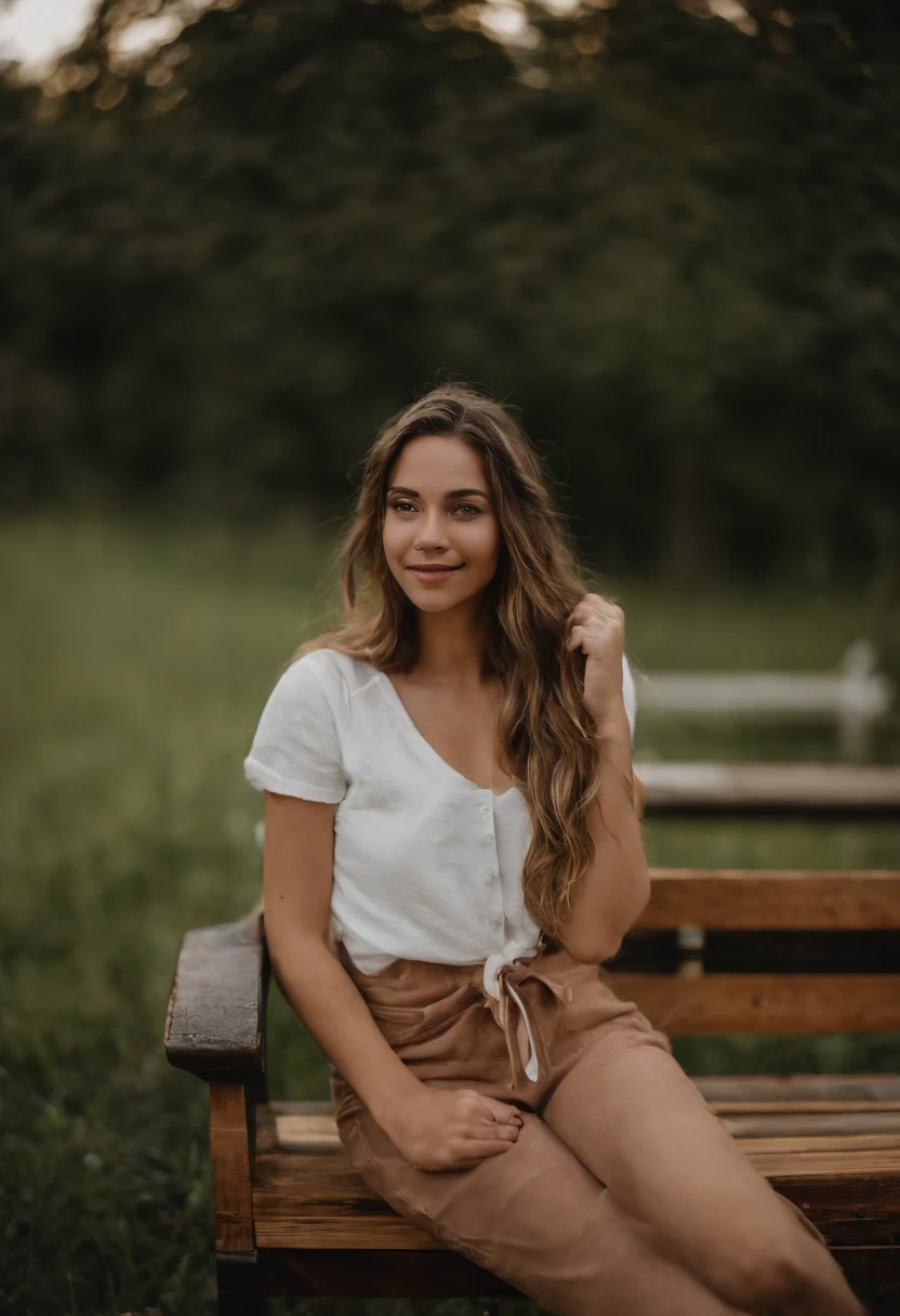 A woman sitting on a bench in a field of grass - SeaArt AI