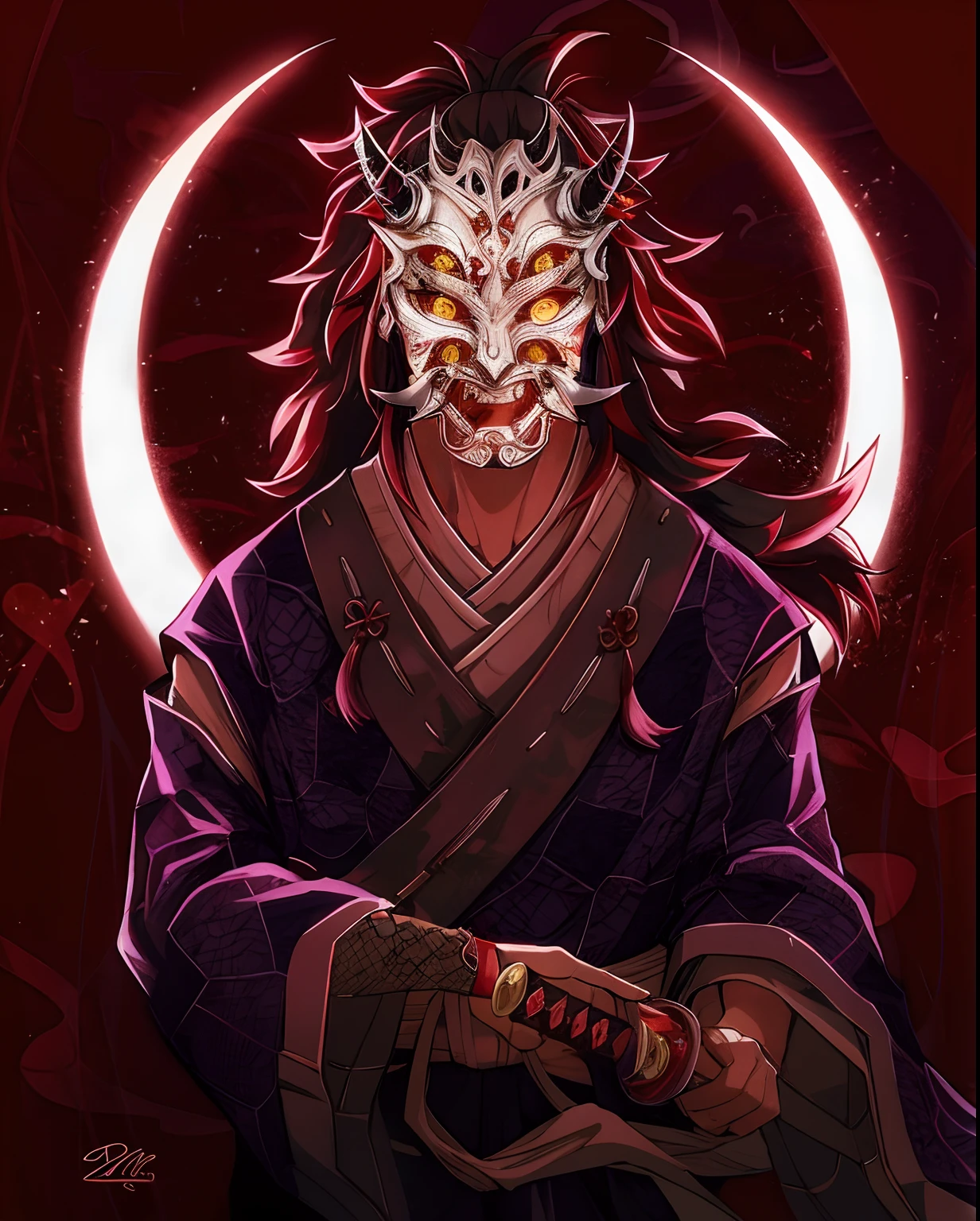 a drawing of a demon with a sword in his hand, villain wearing a red oni mask, demon samurai, samurai with demon mask, beautiful male god of death, handsome guy in demon slayer art, handsome japanese demon boy, demon samurai warrior, demon samurai mask, Inspired by Kokushibo , Demon Slayer, portrait of the god of death