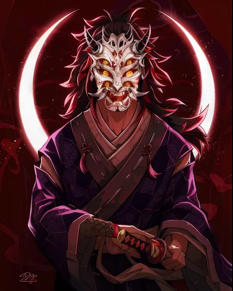 a drawing of a demon with a sword in his hand, villain wearing a red oni mask, demon samurai, samurai with demon mask, beautiful...