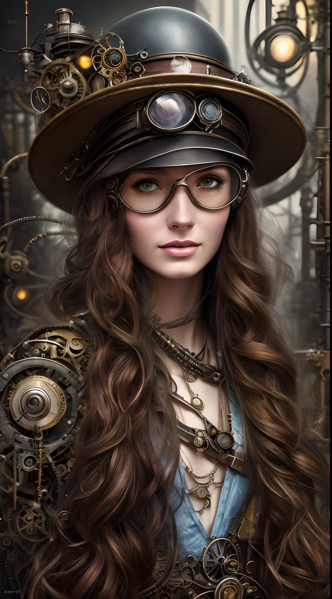 a close up of a woman wearing a hat and goggles, in style of anna dittmann, ancient steampunk city, long metallic hair, mark brooks and brad kunkle, bright colored streaks of hair, by Sylvia Molloy, mechanized soldier girl, androgynous person, john stephens, high definition cgsociety