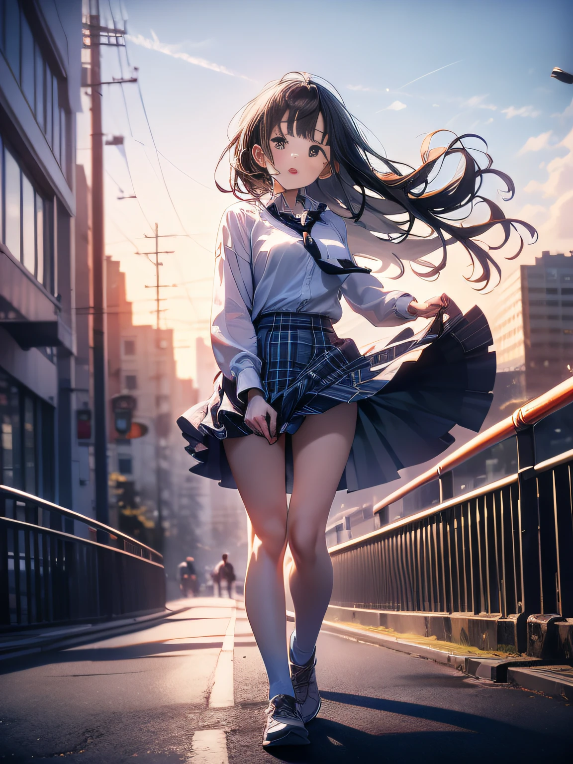 in 8K、top-quality、​masterpiece、Ultra-detail、Ultra-high resolution、((1 persons))、girl with、Uniforms、Braided hair、makeups、plaid skirts、heavy wind、((((Flip the skirt))))、White pants、View of the city