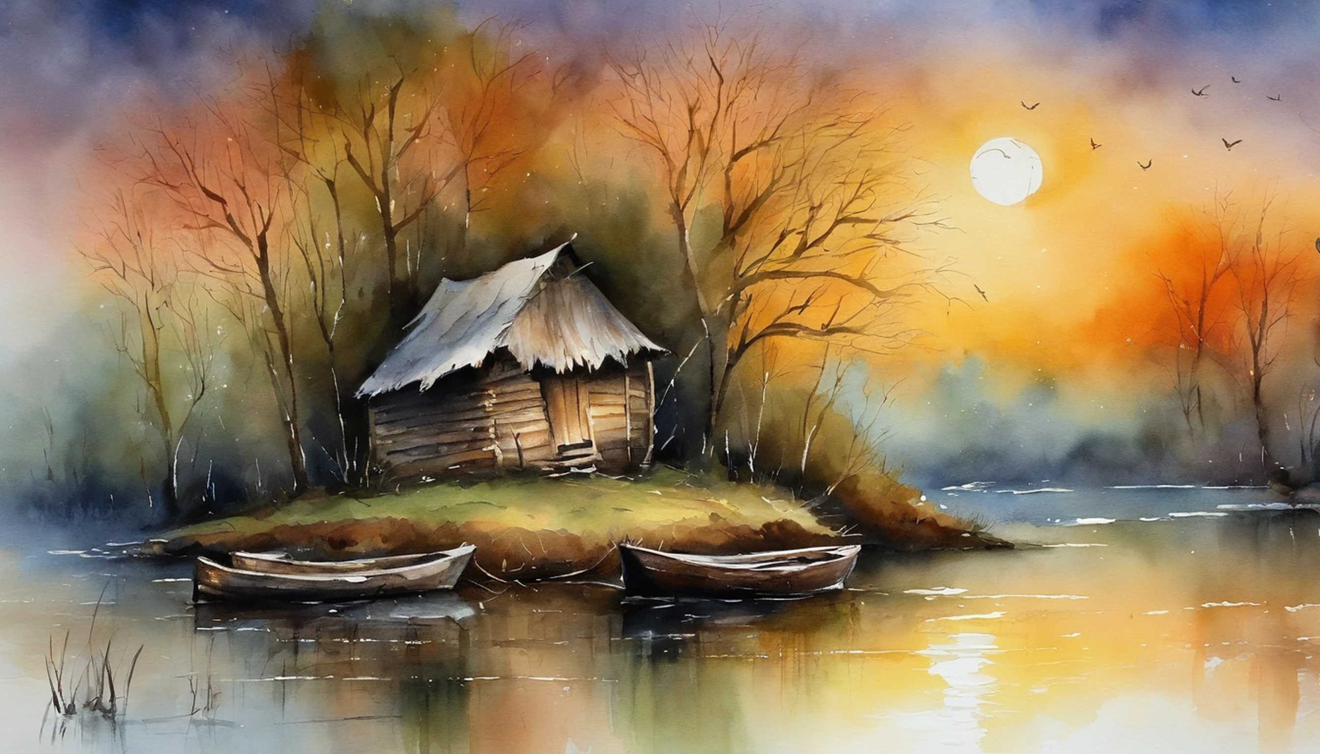 Es gibt eine alte Hütte neben dem Fluss, In der Dämmerung der Nacht, zwei kleine Boote sind am Flussufer zusammengebunden. Ein Baum beugt sich über das Ufer. Vollmondnachtszene.Meisterwerk Kunstwerk.