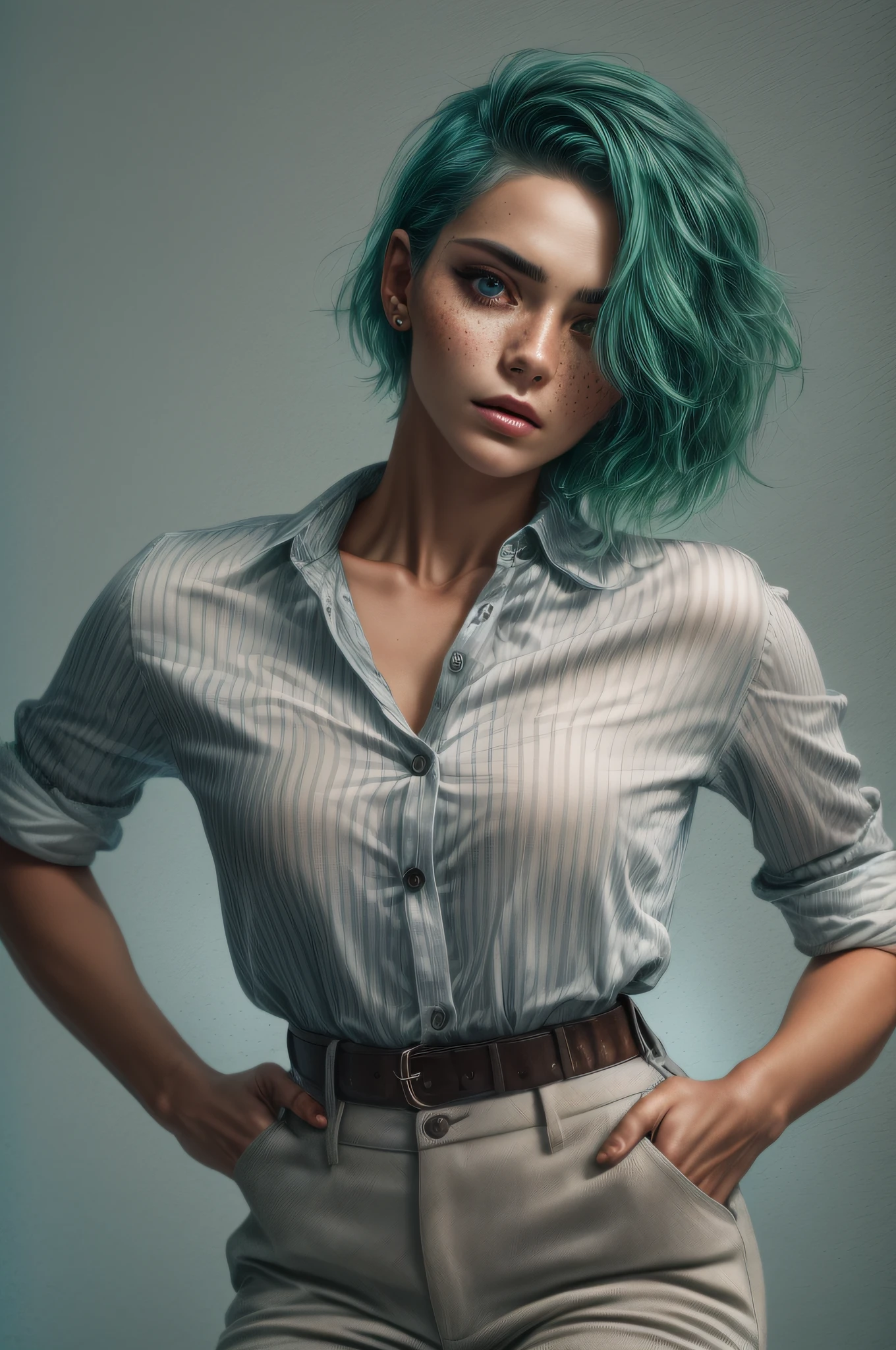 ein Foto einer verführerischen Frau mit locker gestylten grünen Haaren, posiert im Fotostudio, Sie trägt ein Hemd mit Knopfleiste und eine Hose, komplizierte Details, Gänsehaut, makelloses Gesicht, (leichte Sommersprossen:0.9), ((fotorealistisch):1.1), (Roh, 8k:1.2), Dunkles Studio, gedeckte Farben