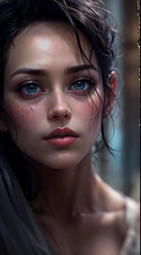 A mesmerizing masterpiece capturing a photorealistic portrayal of a woman with black hair cascading around her face. Her piercin...