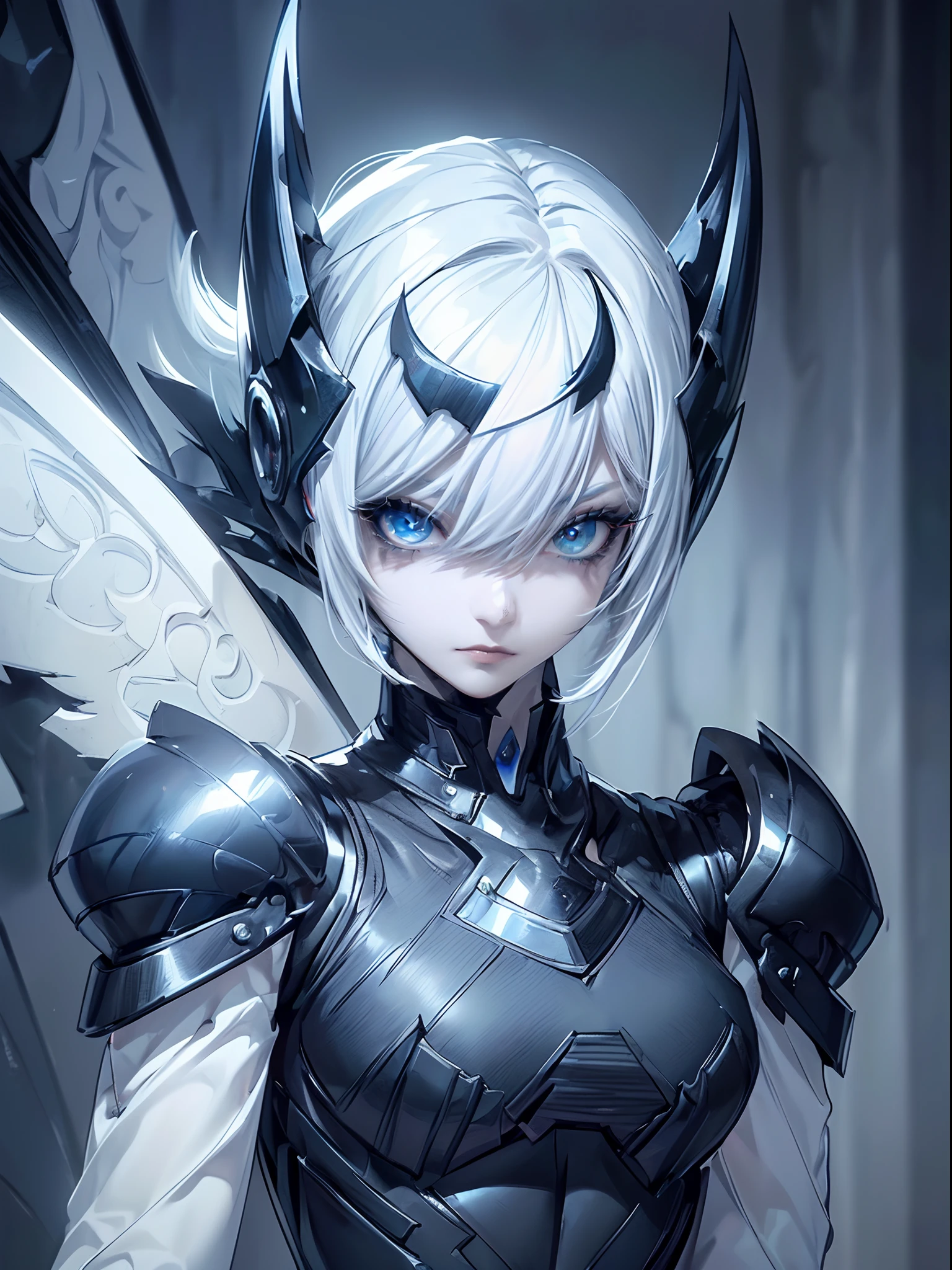 ((4K works))、​masterpiece、(top-quality)、1 beutiful girl、Slim body、tall、((Black charming villain style))、(Detailed beautiful eyes)、Daytime city、((In the task))、((Face similar to Carly Rae Jepsen))、((Short-haired white hair))、((Smaller face))、((Neutral face))、((Bright blue eyes))、((American adult women))、((Adult female 26 years old))、((cool lady))、((Like a villain))、((Wild look))、((Black Korean Makeup))、((elongated and sharp eyes))、((Happy dating))、((boyish))、((Upper body photography))、Professional Photos、((Shot alone))、((Villain))、((Fallen Angel))、Black eyeshadow、horor