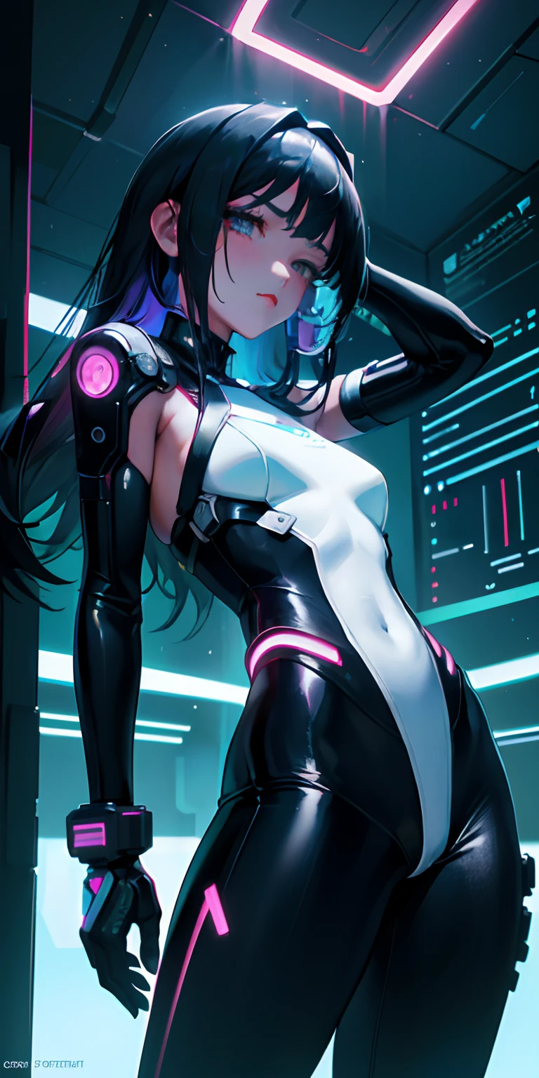 top-quality))、((​masterpiece)、Close-up of people、Buttock emphasis、cyberpunked、Big buttocks、Electronic visor attached to 12-year-old girl's face with emphasis on buttocks、Cyberpunk Fashion、Sexy Posing、(Wearing white body spats on lower body、Breasts enlarged、Neon lights in dark city at night、Versatile sexy poses