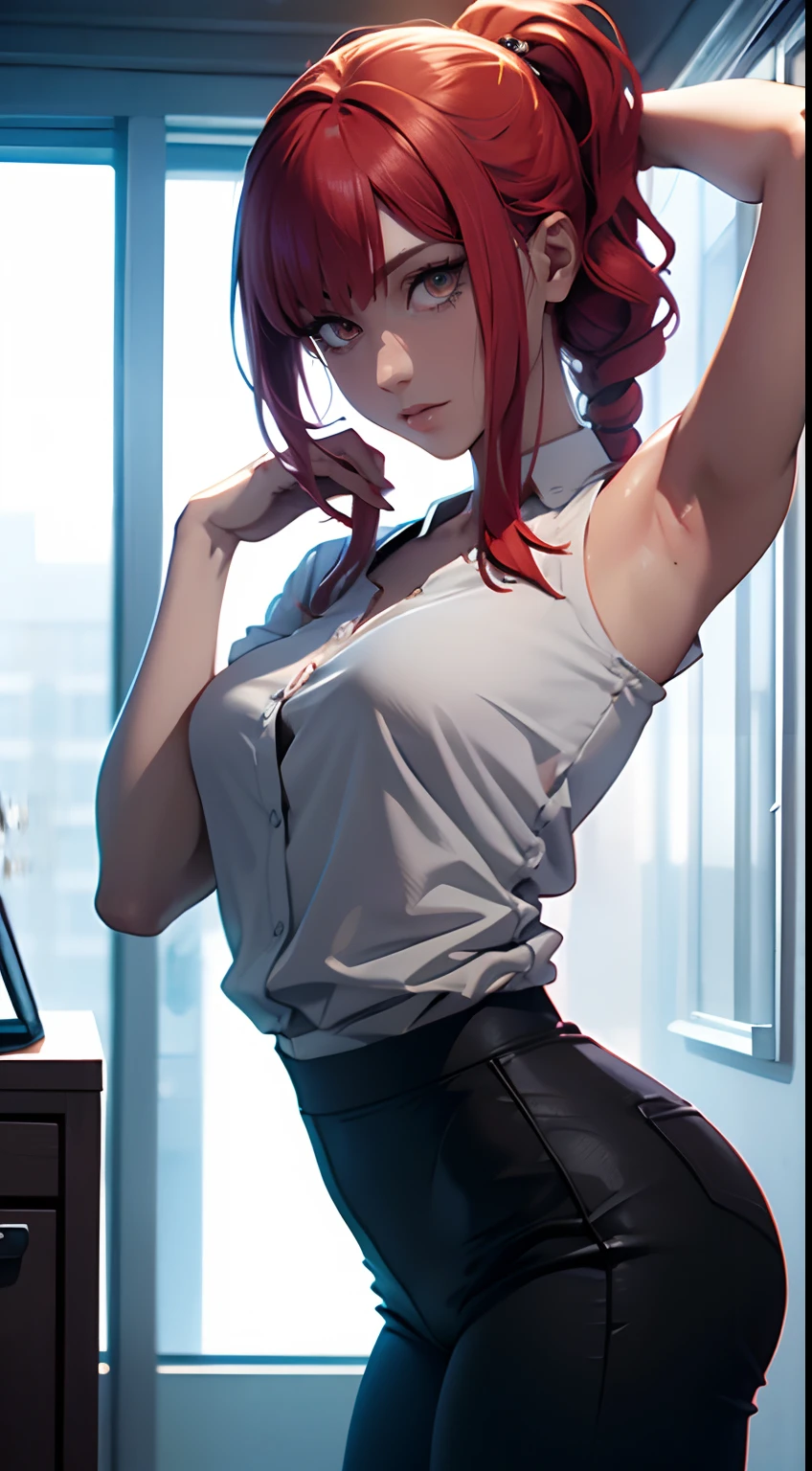 A  girl, sexypose, Nudie, The character Makima from the anime series Chainsaw Man, fragile, makima, Beautiful figure, Skinny black pants, red hair, Orange Eyes, white  shirt, sexypose, Realistic, Very detailed, handsome body, Detailed body, Detailed hands, Detailed, Vibrants, Detailed Face, Makima's character design. Very detailed, Detailed body, Detailed hands, Detailed Face, anime art, extremely detailed CG unity 8k wallpaper, detailed light, Cinematic lighting, chromatic aberration, glittering, expressionless, epic composition, dark in the background, Cherecter Desing, Very detailed, Detailed body, Vibrants, Detailed Face, sharp-focus, anime art, Vibrants, Detailed Face, Hugh Details, sharp-focus, Very drooping face, A detailed eye, super fine illustration, better shadow, finely detail, Beautiful detailed glow, Beautiful detailed, Extremely detailed, expressionless, epic composition, Presented at artstation, Octane Render, artstation hd, Cinematic, 4 thousand., hypermaximalist, elegant