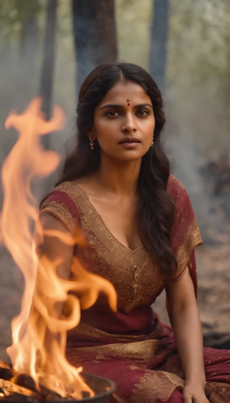 Indian girl ,fire, dead bodies, a lot of flames, clothing on fire, burning, tortured,1600s