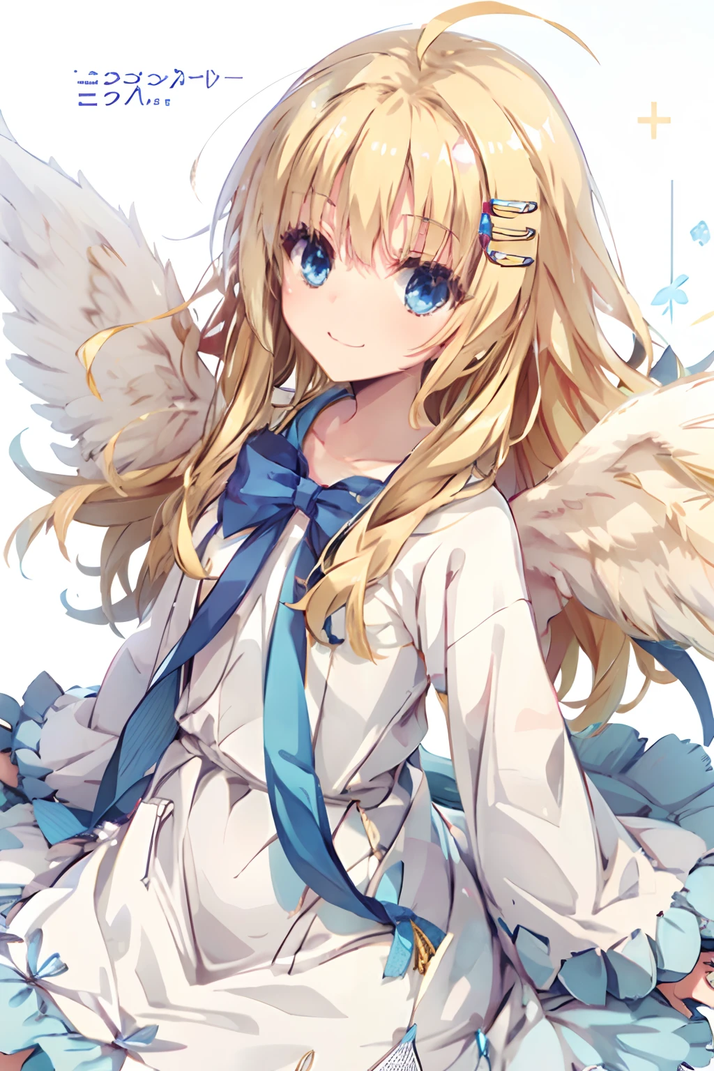 filo, blonde hair, ahoge, hair ornament, flat chest, bangs, long hair,angel wings, white dress, Blue bow Open Smile,,Top image quality,Best Quality