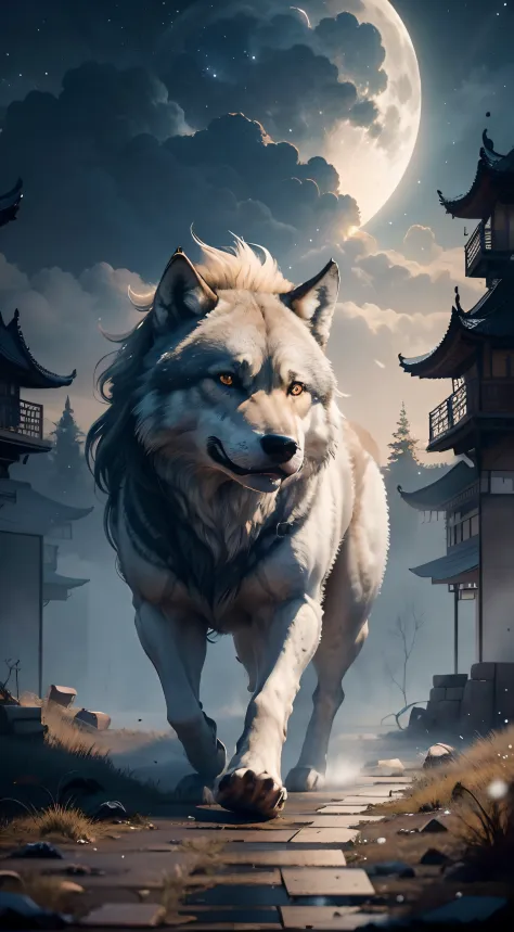 strong wolf，中景 the scene is，（full body appearance），view night sky，standing on your feet，roaring and looking at the night sky，del...