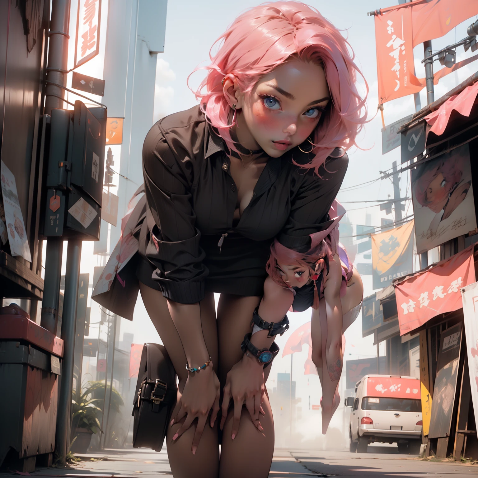 masterpiece, 4k, detalied, beautiful, large breasts, wide hips, thick thighs, long pink hair, blushing, thick makeup, pretty, short hair, earrings, jewelry, bracelet, (((PINK HAIR, [PERFECT REALISTIC EYES]))), ultra realistic 8k CG, perfect face, flawless, clean, masterpiece, professional artwork, famous art, cinematic lighting, perfect face, beautiful face, beautiful eyes, (((perfect female body, narrow waist))), real, intricate detail, delicate pattern, sexy, charming, seductive, seductive, erotic, charming, hair ornament, earrings, bracelet, armband, looking at the viewer, kimono, flowery kimono, red and black kimono, flowing hair, bangs, cute, slutty, sensual ,seductive,((erotic)), opulent, sumptuous,(((nsfw))), (bent over :1.3) , ass, NSFW , ((string, thong,)):1.3 , rear view , presenting, exposed , bent over, sexy pose, alluring, revealing clothes, skin showing, mini skirt, facing away from viewer, rave mini skirt