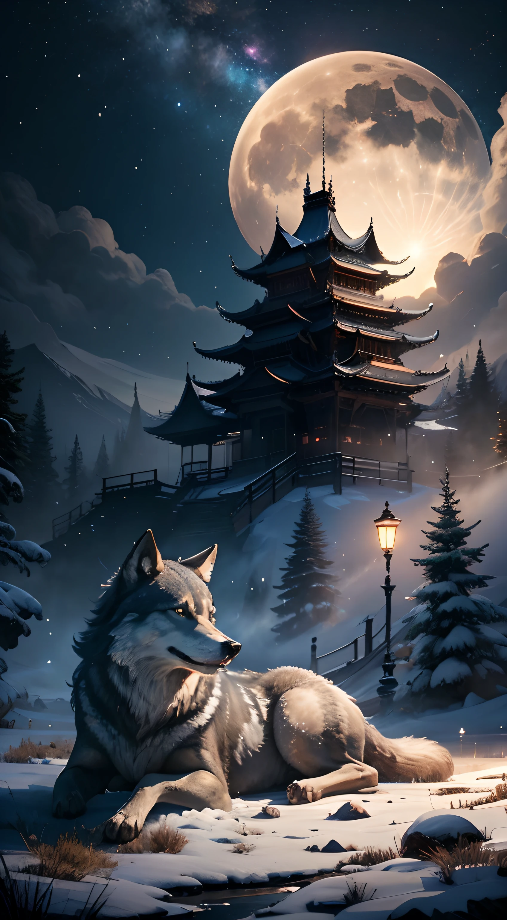 Powerful wolves，中景 the scene is，View the night sky，Roared and rushed into the night sky，Delicate depiction of hair，（Extremely detailed depiction of the wolf's body），Empty night sky，Transparent Nebula，pagoda，Auspicious clouds，The huge full moon shines brightly，Endless savannah，（Snowflakes flying），Winter tones，light and shadow effect，Light particle tracing，rendering by octane，Movie lighting，Surreal landscape，clear contour light，rim-light，fanciful，（8K分辨率），spotlight lights，Masterpiece，Master painting，photorealestic，realisticlying