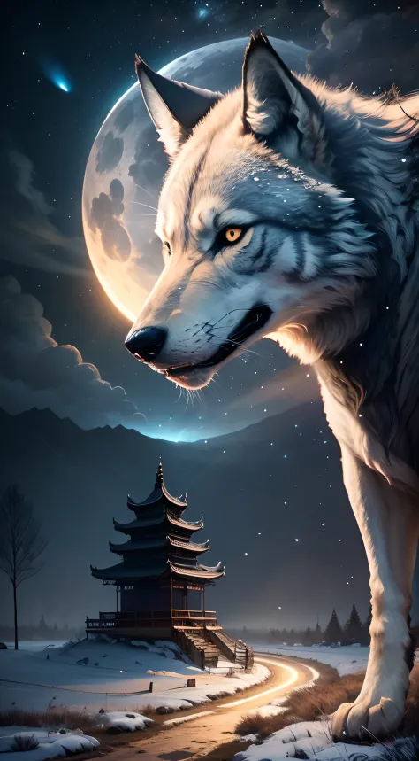 powerful wolves，close-up，view night sky，roar into the night sky，delicate depiction of hair，（extremely detailed depiction of the ...