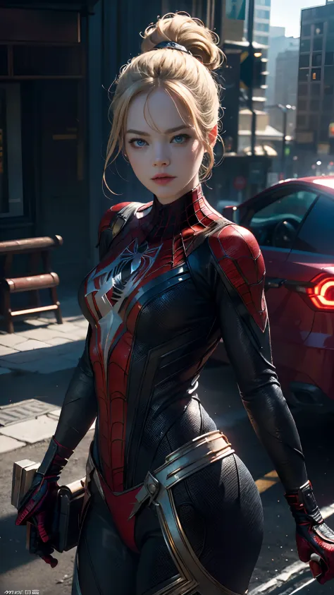 1girl, Emma Stone as spiderman (from marvel studios), look at viewer, (masterpiece, best quality, detailed skin texture, detailed cloth texture, beautiful detailed face, intricate details, ultra detailed),  Ponytail, blonde hair, on the roof, random pose, ...