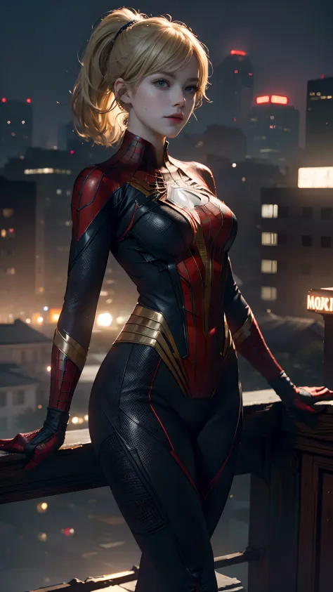 1girl, Emma Stone as spiderman (from marvel studios), look at viewer, (masterpiece, best quality, detailed skin texture, detailed cloth texture, beautiful detailed face, intricate details, ultra detailed),  Ponytail, blonde hair, standing on the roof, (ran...