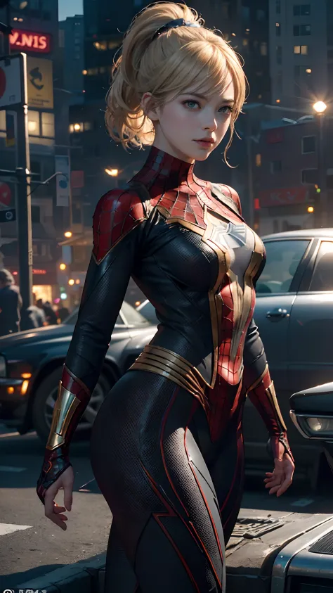 1girl, Emma Stone as spiderman (from marvel studios), look at viewer, (masterpiece, best quality, detailed skin texture, detailed cloth texture, beautiful detailed face, intricate details, ultra detailed),  Ponytail, blonde hair, standing on the roof, (ran...