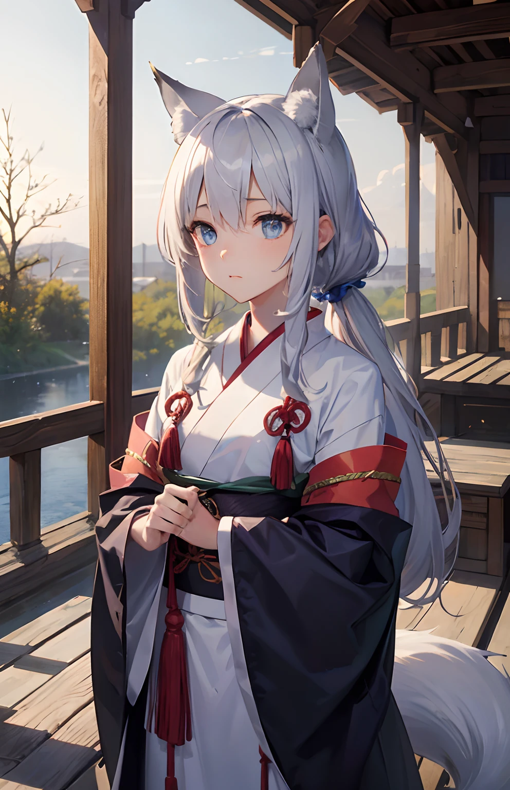 ​masterpiece,Top image quality,hight resolution,imagem 4k,Raw photo,Photorealsitic,{Solo},teens girl,silber hair,poneyTail,stare at each other,Blue eyes,小柄,Silver fox ears,Fox tail,shrines,Akahakama,,boyish,shrine maiden,Boom,Sweeping