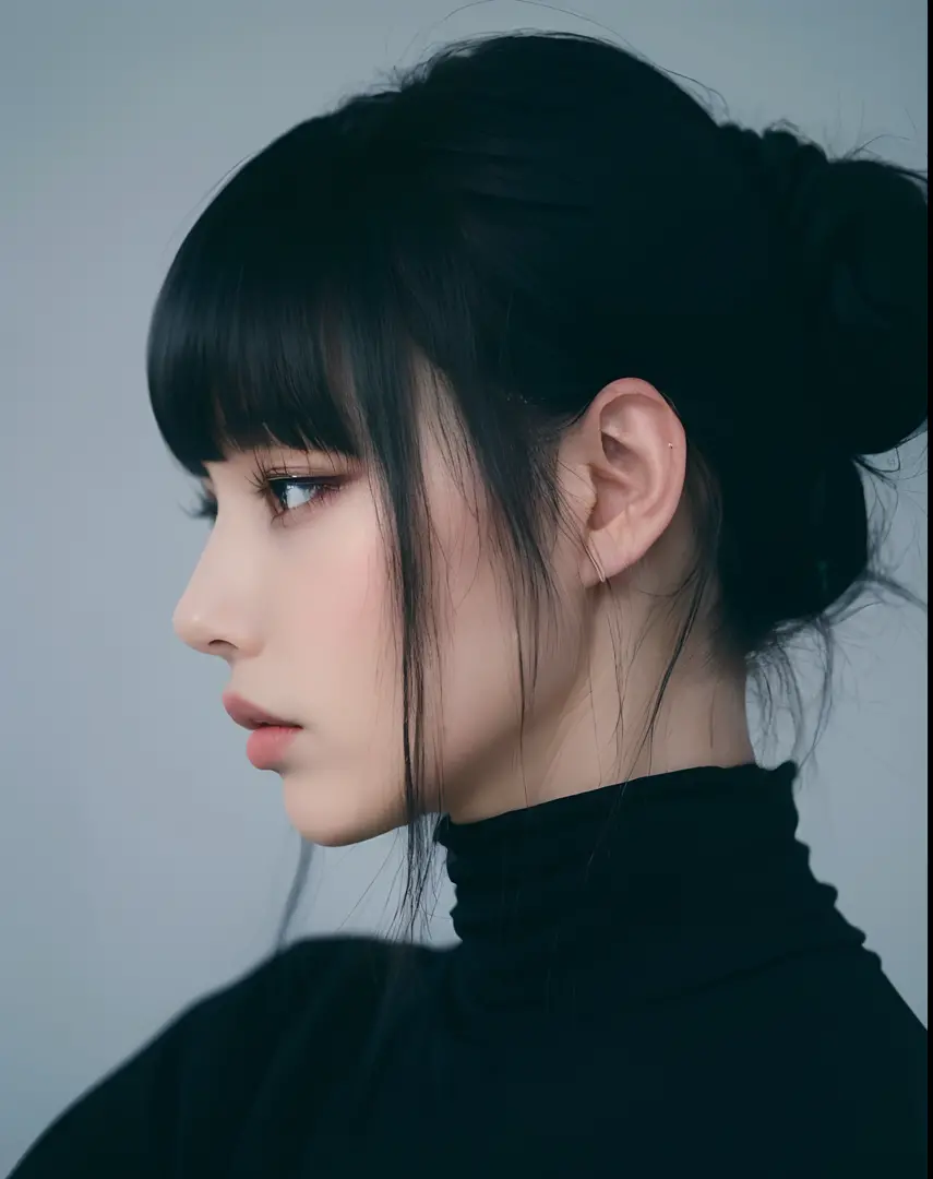 a close up of a woman with a black turtle neck top, neat hair with bangs, she has black hair with bangs, sui ishida with black hair, 奈良美智, chiho, black hime cut hair, with full bangs, shikamimi, the hime cut, with bangs, hair blackbangs hair, profile of an...