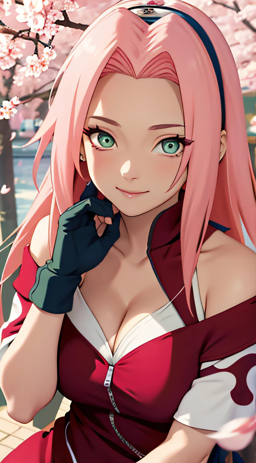 obra maestra， La mejor calidad en el mejor de los casos.， 1 chica， sakura haruno， pechos grandes，vestimenta fuera del hombro，（escote)，（primer plano de la parte superior del cuerpo)，criado sexy，es tímido，sonríe，con cabello rosado， pelo largo y blanco， （Globos oculares verdes:1.4)， Protección de la frente， los cerezos，Flores de cerezo volando，ropa roja，Media cremallera