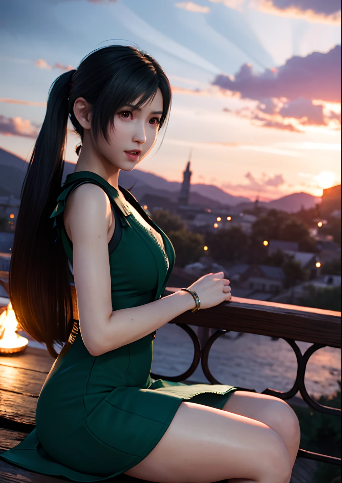 Tifa Lockhart, MKSKS style, (Very detailed background:1.0), (Highly detailed background:1.0), final fantasy vii remake, (Red Eyes), 1girl in, solo, Bare shoulders, aqua dress, Black hair, Green dress, Sleeveless dress , sundress, Duan, Long hair, Night, nigh sky, Open mouth, Outdoors, Ponytail, Sitting, skyporn, Sleeveless, Sleeveless dress, Star (skyporn), Starry sky, Town, aged down, Small breasts, ((white frills)), (White Dress),