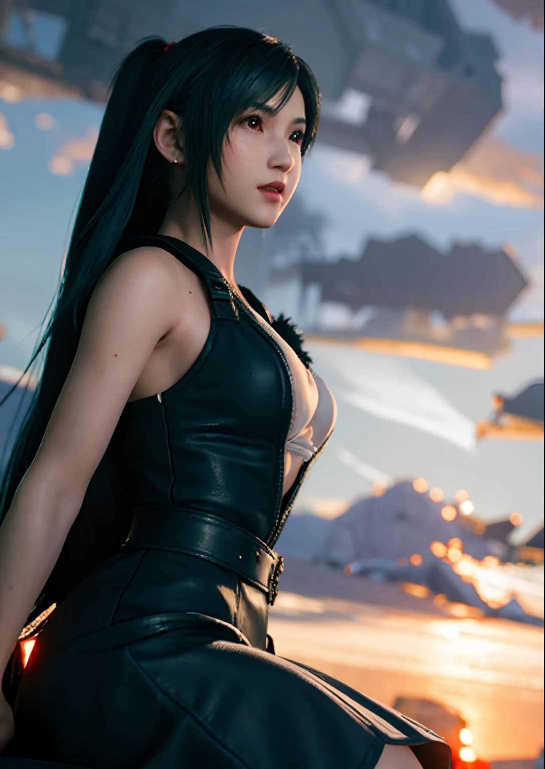 Tifa Lockhart, MKSK-Stil, (sehr ausführlicher Hintergrund:1.0), (sehr detaillierter Hintergrund:1.0), Final Fantasy VII-Remake, (rote Augen), 1Mädchen in, Allein, nackten Schultern, Aqua Kleid, schwarzes Haar, grünes Kleid, ärmellos dress , Sommerkleid, Sie wollen, lange Haare, Nacht, naher Himmel, offener Mund, draußen, Pferdeschwanz, Sitzung, skyporn, ärmellos, ärmellos dress, Stern (skyporn), Sternry sky, Stadt, gealtert, kleine Brüste, ((weiße Rüschen)), (weißes Kleid),