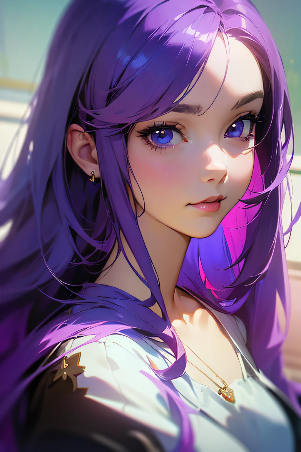 a close up of a woman with long purple hair and a white top, beautiful anime portrait, stunning anime face portrait, realistic anime artstyle, detailed portrait of anime girl, realistic anime art style, beautiful anime style, anime styled digital art, digital anime illustration, portrait of an anime girl, artwork in the style of guweiz, digital anime art