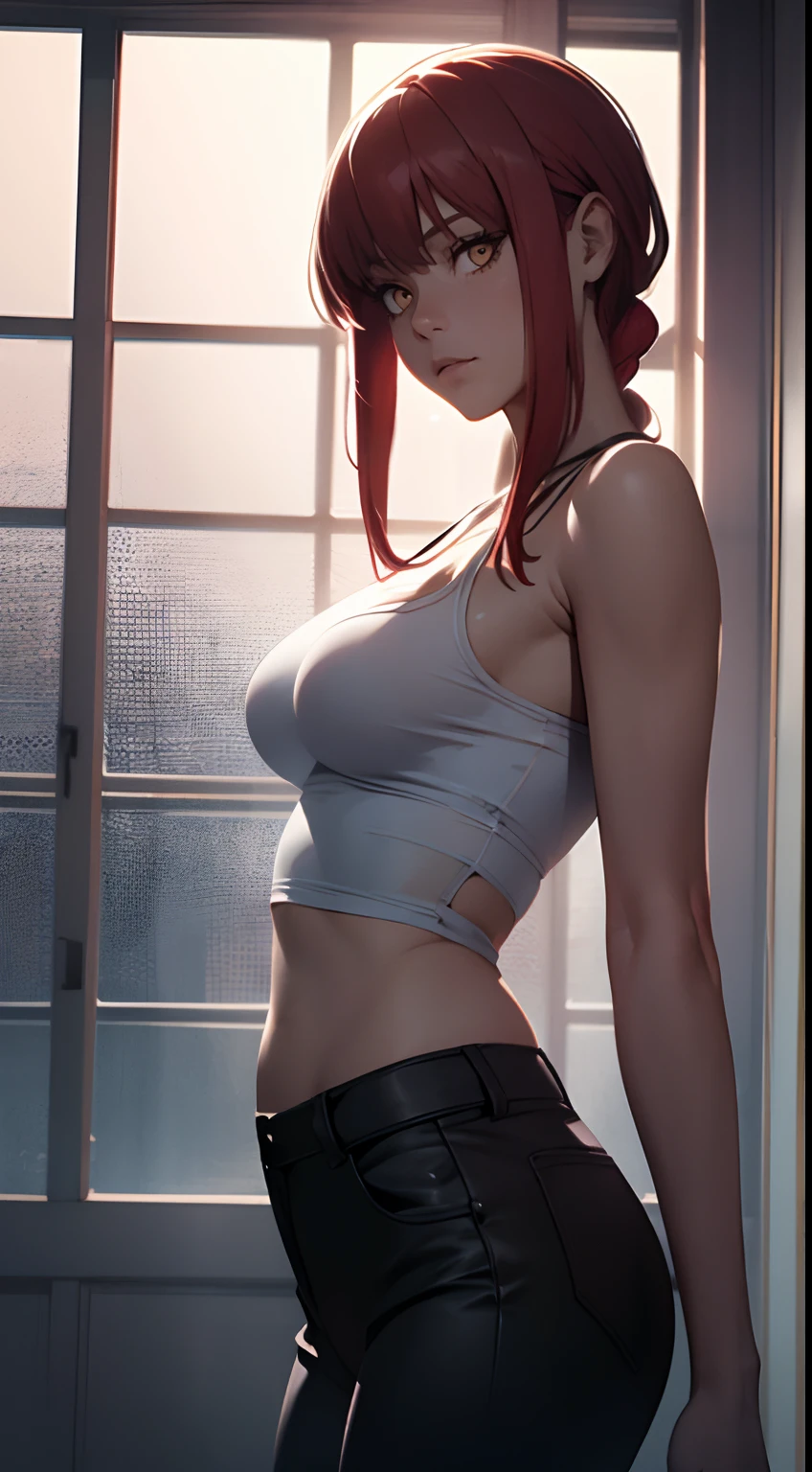 Anime girl with red hair and a white top posing in front of a window -  SeaArt AI